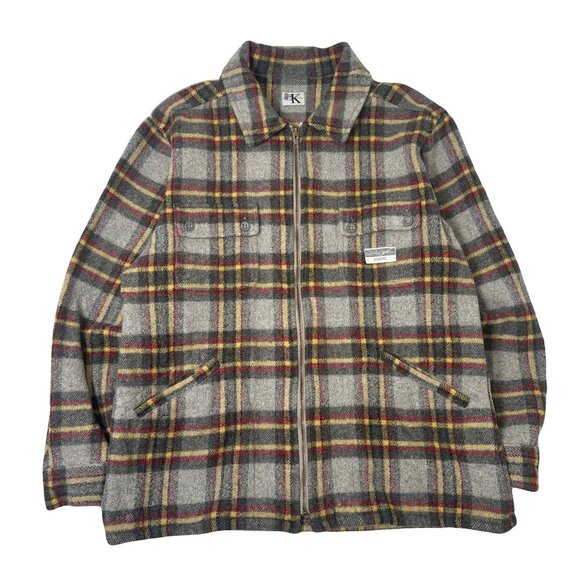 Vintage Calvin Klein Jeans Plaid Full Zip Wool Blend Jacket L - Picture 1 of 5